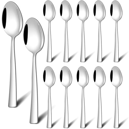 Onader Esslöffel 12 Stück, 19,5cm Edelstahl Große Löffel Suppenlöffel Set | Hochglanzpoliert Müslilöffel mit Quadratischer Griff für Zuhause, Hotel, Restaurant, Gesunde & Spülmaschinenfest