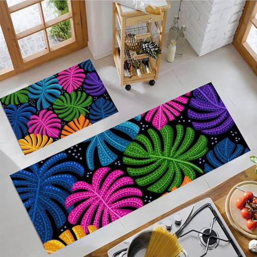 Set Di 2 Tappeti Da Cucina Antifatica 40x60cm+40x120cm, Tappetini Da Cucina Pois Monstera Deliziosa, Antiscivolo Tappeto Decorazioni Pop Art Retrò Lavabile per Ingresso, Corridoio, Multicolore