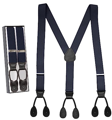 HOLD'EM Tuxedo Button Suspenders for Men – Black Mens Dress Suspenders | 100% Genuine Leather | Formal Daily Use | Made in USA | Regular 32–46 Tall 40–54 | Navy (Regular 46 Long)