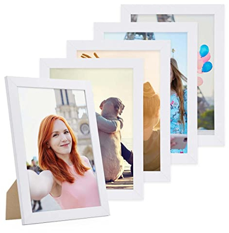 PHOTOLINI Bilderrahmen A4 Weiss Holz MDF, breiter DIN A4 Bilderrahmen 5er Set 21x30 weiß, Rahmen 21x30 din a 4 mit Acrylglas, picture frame zum Aufhängen & Aufstellen, Bilder Rahmen 30x21 mit Zubehör