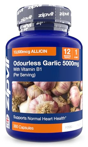 Zipvit Odourless Garlic Capsules 5000mg with Vitamin B1, Supports Heart Health, 10mg 500:1 Garlic Extract, 360 Capsules, 12 Months Supply,