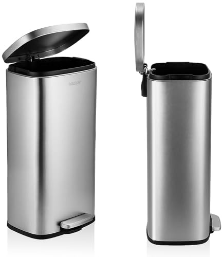 casa pura Poubelle de Cuisine à pédale - Sceau Intérieur Amovible avec poignée - Poubelle INOX Ouverture à Mains-Libre (Dustin-Argenté, 30 Litre)