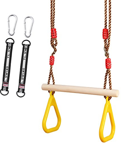 GOLDGE Trapez Schaukel Holz Schaukel Outdoor mit Kunststoff Turnringe Kinder Outdoor Belastbar bis 120KG und Dinosaurier Aufkleber, Einstellbar Schaukel Kinder Trapez Schaukel Outdoor & Indoor