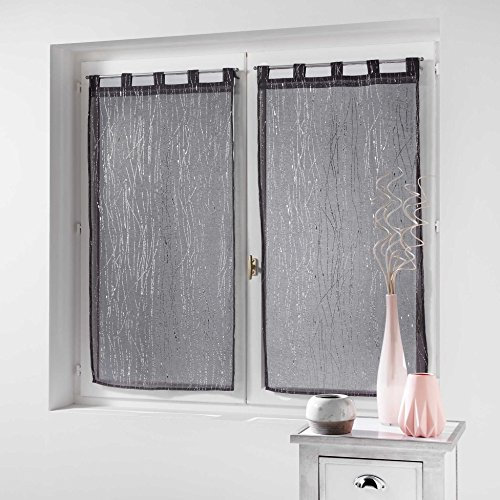 Douceur d'Intérieur - Coppia di tende dritte con passanti, in voile, color sabbia, 2 pezzi, 45 x 160 cm, con applicazioni filiane color antracite