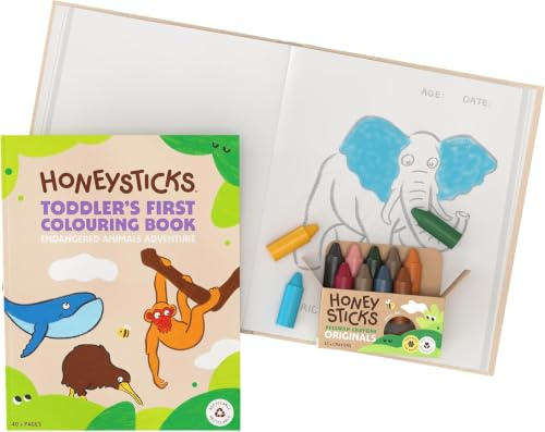 Honeysticks - Pastelli a Cera d'Api 100% Naturale, Non Tossici, Sicuri per Bambini, Realizzati a Mano in Nuova Zelanda, per 1 Anno in Più (12 Confezioni Con Libro da Colorare)