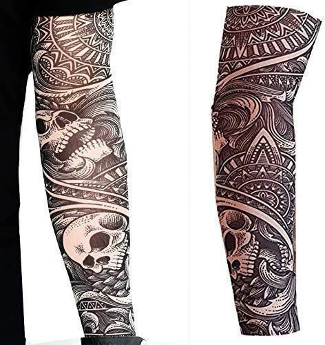 Tatodays 2 x Tattoo-Armstulpen Fake-Nylon-Elastikstrumpf voller Arm Totenköpfe Halloween dehnbar für Erwachsene zum Hineinschlüpfen Biker Gothic Rosen Stammes Kostüm (Adults)