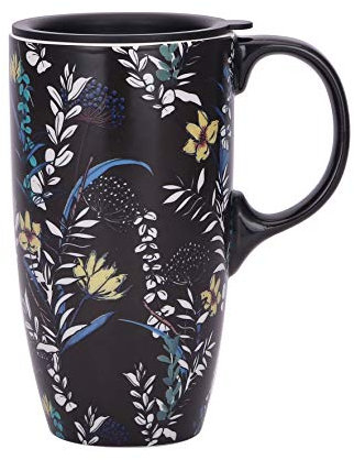 Topadorn Ceramic Travel Mug with Lid and Handle Tall Coffee Cup for Home, Office, Party and Birthday, 17oz. Black