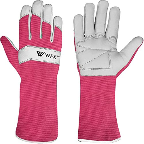 WFX Gants de Jardinage Longs en Cuir pour Femmes, Hommes et Femmes, Gants de Jardin durables en Peau de chèvre, Protection de l'avant-Bras, résistant aux épines, Travail de Jardinier (Rose, M)
