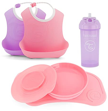 Twistshake Babygeschirr-Set - 5 Teilig | 1x Baby-Silikon-Tischset - 1x Kinderteller - 2x Lätzchen - 1x Strohhalmbecher | Baby-Fütterungsset | Geschirr für die Entwöhnung | 6+ Monate | Rosa