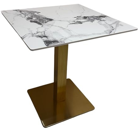 Gruppo Maruccia - Tavolo per Bar, Risroranti, Giardino - Top Effetto Marmo in Pietra Sinterizzata - Piede Centrale Quadrato (Bianco e Oro, 70 x 70 cm)