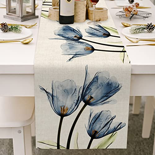 Avoik Tischläufer Blau Tulpen Blumen Tischläufer Frühling Sommer Modern Wohnzimmer Abstrakt Tischdecke Leinen rutschfest Tischband Küche Dekoration für Esszimmer Party Drinnen Urlaub 33x180cm