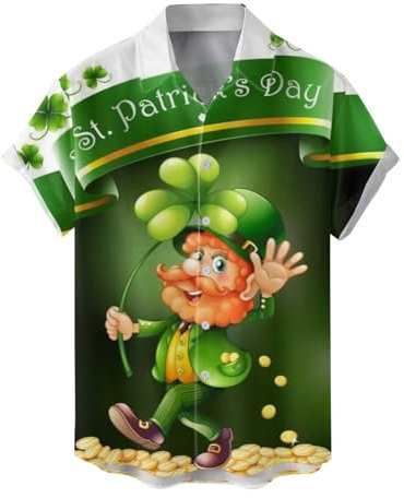 St. Patricks Day Shirt Summer Mens Fancy Print Hawaiian Shirt Men's Checked Shirt Mens Shirts Short Sleeve Cotton UK Casual Regular Fit Shirt for Men UK Cute Irish Lucky Mens Mexican Shirt