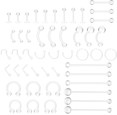 Yolev 48 Stück Plastik Piercing Platzhalter Schmuck für OP, Klare Acryl Piercing Retainers für Nase Zunge Brustwarze Nippel Bauch Lippen Labret Septum Hoops Ohr Knorpel