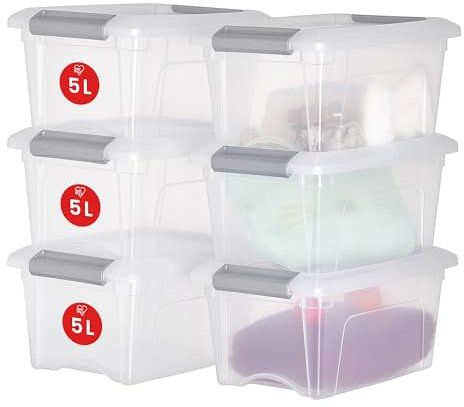 Iris Ohyama, Petite Boite Rangement Plastique avec Couvercle, 5L, Lot de 6, Argent, Clips de Fermeture, Poignée, Empilable, Organisation Solide et Durable, pour Chambre, Dressing, Bureau, NTB-5