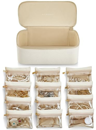 Vlando Joyero de viaje, moderno joyero con 12 bolsas de joyas, organizador de joyas de viaje de piel, bolsa de terciopelo transparente, estuche para joyas para mujeres, niñas, regalo, color blanco
