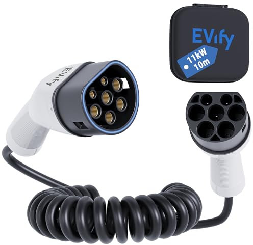 EVify Cavo di ricarica a spirale tipo 2, 11 kW, 10 m, 16 A, per auto elettrica e ibrido con custodia, cavo a spirale a 3 fasi per EV PHEV, salvaspazio, adatto per tutte le auto E modello 3 S X Y, ID3,