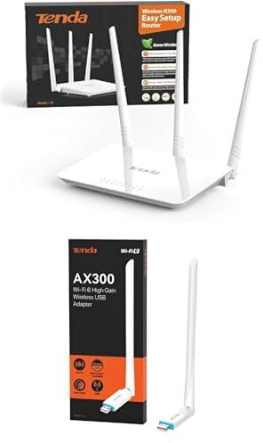 Bundle of Tenda F3 N300 Router WiFi, Speed with 2.4GHz/300 Mbps, 3 LAN/WAN Porte, Antenne esterne 3 * 5dBi+ Tenda U2 V5.0 WiFi 6 USB AX300, 2.4G/286Mbps, Antenna 6dBi, Antenna Wi-Fi Usb per PC