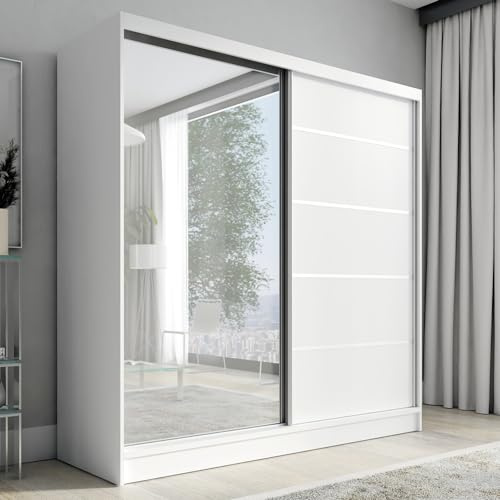 A&J MöbelLand Schwebetürenschrank Nero Kleiderschrank 2-türig mit Schubladen und Spiegel, Garderobe 200 cm (Weiß)