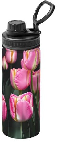 Botella de agua de acero inoxidable con aislamiento al vacío de doble pared, con estampado de rosas y tulipanes, 18 onzas, a prueba de termo, para deportes