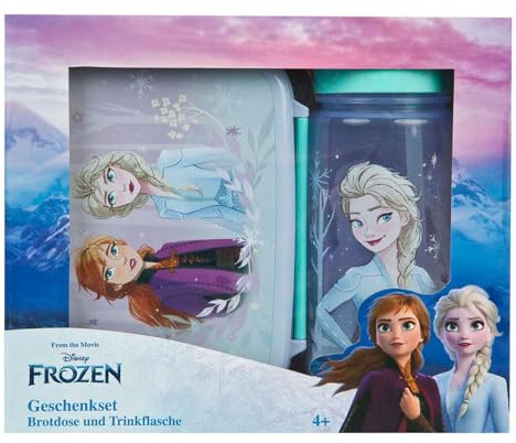 Scooli - Disney Frozen barnporslin, presentset – set bestående av matlåda och vattenflaska – perfekt för skolan eller dagis – för barn från 4 år – tillverkad av plast – BPA-fri