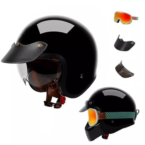 Motorrad-Retro-3/4-Jethelm, modisch, für Erwachsene, Herren und Damen ECE-Zertifiziert, für Mopeds Roller und ATVs für alle Jahreszeiten H,3XL63-64CM