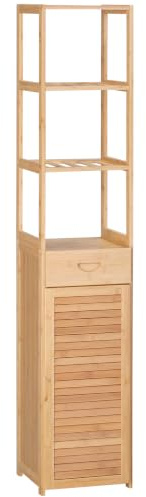 kleankin Badezimmerschrank Mit Schublade Bambus 32x30x163 cm Naturholz | Badschrank, Aufbewahrungsschrank, Drei Ablagen, Offenes Fach, Hochschrank, Badezimmer Schränkchen, Wohnzimmer