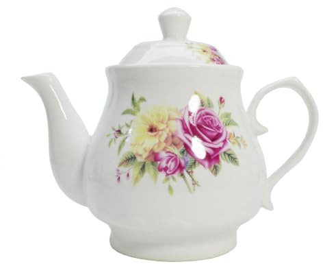 Teiera in porcellana, teiera bianca in ceramica con motivo floreale (800 ml) | Caffè Tè Acqua Conservazione del Calore Piccola Pentola Vintage Ceramica 750ml Bollitore Lettiera a Collo d'oca