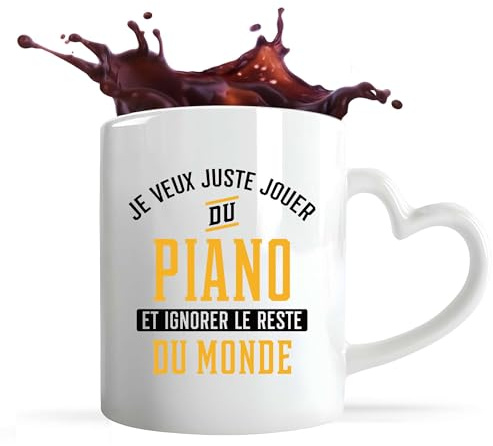 Otshirt Tasse Coeur Jouer du Piano et Ignorer le Monde | Mug avec anse en forme de Coeur | Idée Cadeau Musique Clavier Pianiste Original Humour Drôle Mélodie
