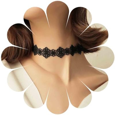 Aneneiceera Vintage hohle Spitze Halshalskette Schwarzer Tüll Spitzen Halsketten dünne Wide Stoff Blume Halsketten Gotische Tattoo Halskette Kettenkette für Frauen (schwarz)