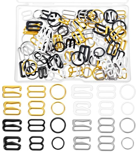Ouligay 120PCS Metal Bra Strap Clips for Racerback, Bra Hooks Replacement, Adjustable Bra Strap Clips Sliderfor Slip Dress, Halter Swimsuit, 3 Styles, 2 Sizes (Black, White, Gold)