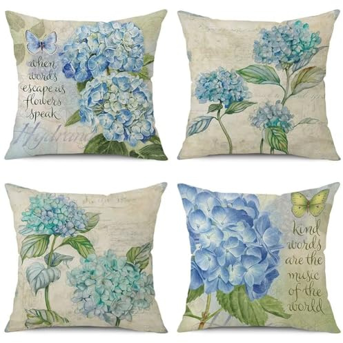 Wasserdichte Kissenbezug 4 Stück 50 x 50 cm Dekorative Leinen Kissenhülle Outdoor Kissen Wasserfest Atmungsaktiv Hortensie macrophylla Kissenbezug Werden für Sofakissen Garten Kissenbezüge u-1468