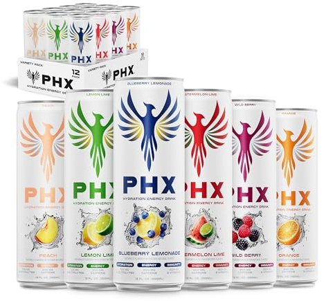 PHX Hydration Energy Drink - 700mg Electrolytes, 200mg Natural Green Tea Caffeine, 100% Daily Value 8 Essential Vitamins - 12 oz Cans (12 Pack) (12 Pack, Variety Pack)