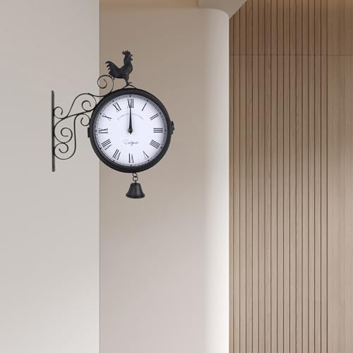 Treeisland Orologio da parete per stazione ferroviaria, doppio lato, stile retrò, nero, vintage, per casa, ufficio, hotel, veranda