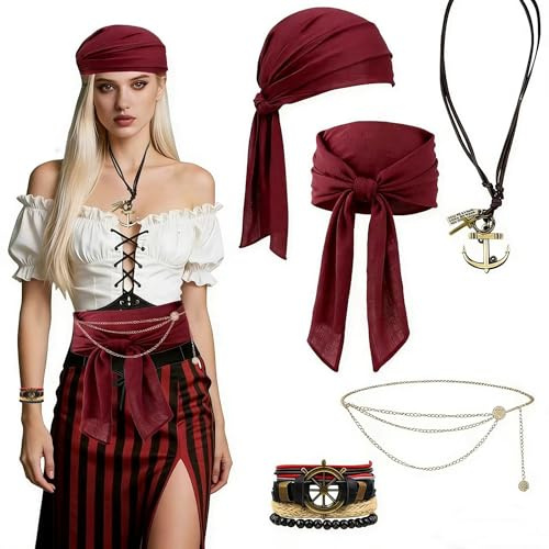 GEVECORI 5 pezzi costume da pirata da donna e uomo, accessori pirata con bandana pirata, catena pirata, cintura pirata, costume da pirata, accessorio pirata per carnevale, Halloween, cosplay, festa