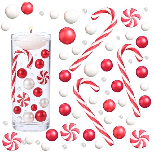 6054 Stücke Wasserperlen Durchsichtig, Weihnachtsperle Für Vasenfüller, Schwebende Perlen, schwimmende Perlen & Deko-Set mit roten/weißen , Zuckerstangen, Bonbons, Vasenfüller für Kerzen & Tisch