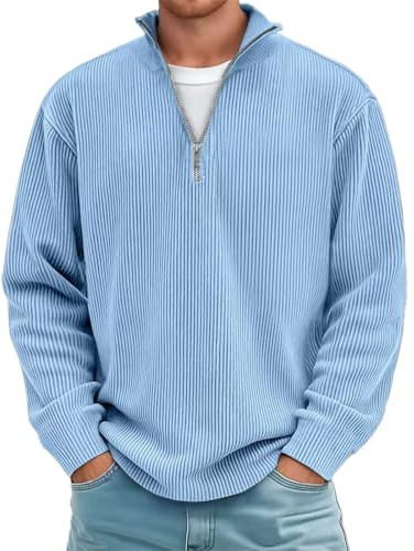 Generisch Pull à col roulé en velours côtelé pour homme - Fermeture éclair 1/4 - Couleur unie - Pull d'hiver - Pull de travail chaud à manches longues - Tricot fin - Sweat-shirt avec fermeture éclair