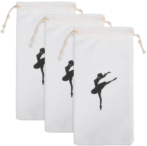 Ballettschuhtasche mit Kordelzug 3 Stück-Pack aus Baumwolle | 13 X 27cm, Weiß, Waschbar und Leicht, für Tanzschuhe, Tragbar für Mädchen