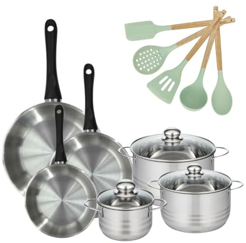 Fackelmann 9202050B Batterie cuisine 3 faitouts + poêles 20/24/28 + 5 ust. | Lot complet pour équiper la cuisine, 3 faitouts 1,6 à 5,4 L et 3 poêles 20 à 28 cm, Inox et verre, Induction gaz vitro