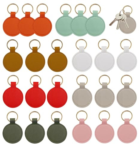 Zlokdraxy Lot de 24 Porte-clés en Similicuir Personnalisable, 8 Couleurs Gravure au Laser Ronde 85mm, Cadeau DIY pour Noël et Anniversaire