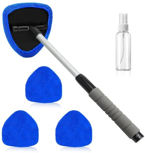 LUDHEP Limpiador de parabrisas de coche con 4 almohadillas de microfibra y pulverizador, con mango extensible, kit de limpiaparabrisas para coche