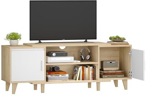 Hzuaneri Mueble de TV con 2Puertas,140cm Roble y Blanco,Estantes Ajustables