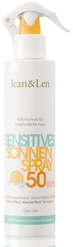 Jean & Len Sensitiv solspray SPF 50, vattenfast, lämplig för känslig hud, utan silikoner, oktokrylener och parfymer, vegansk, sprayflaska 250 ml