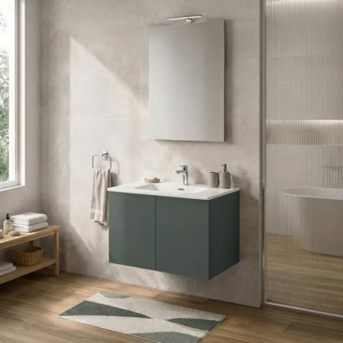 Mobile Bagno Sospeso 70 cm Verde – Mobiletto Lavabo Moderno a Due Ante Push and Pull – Mobile Già Montato con Lavandino ad Incasso Linea Tierra