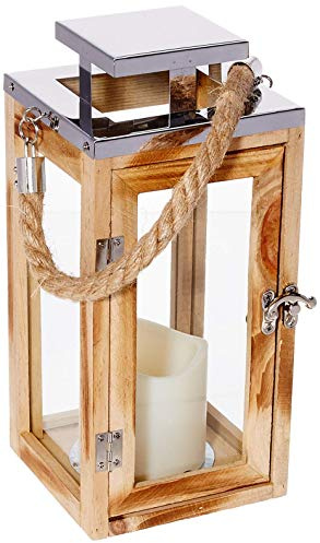 Lights4fun Farolillo Pequeño de Madera de 26 cm con Vela LED a Pilas y Asa de Cuerda