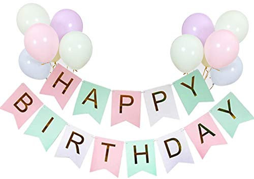 Macarons Happy Birthday Banner Girls, Pastel Birthday Party Banner Decor with 12 Pack 10 inch Large Macarons Latex Balloons