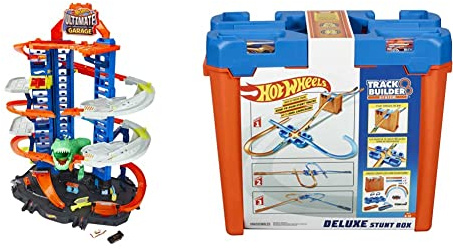 Hot Wheels Megagaraje con T-Rex Robótico - Ascensor y 4 Niveles + Track Buider Caja de Acrobacias Deluxe, Accesorios Pistas de Coches de Juguete (Mattel GGP93), Color/Modelo Surtido