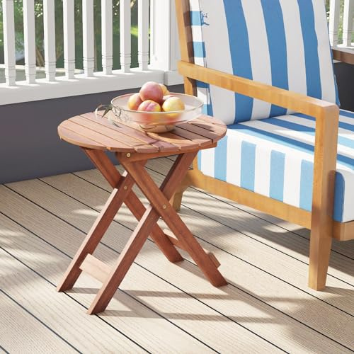 GOPLUS Mesa plegable exterior madera acacia, 46 x 46 x 45 cm, terraza portátil, con bandeja redonda, para piscina, patio y camping, carga 75