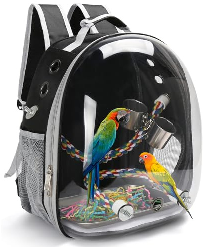 Bird Backpack Carrier, Travel Bird Cage for Small Medium Size Parrot Parakeet Budgies Cockatiel, Portable Clear Bubble Window Bag with Stainless Steel Tray Food Bolw Standing Perch (Black)