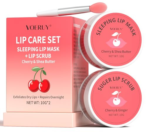 Lip Scrub & Lip Mask Set, Cherry Lip Exfoliator Scrub, Christmas Gifts Stocking Stuffers Gift for Women, Overnight Suger Lip Treatment, Repair Dry Cracked Lips - with Lip Brush (10g*2)