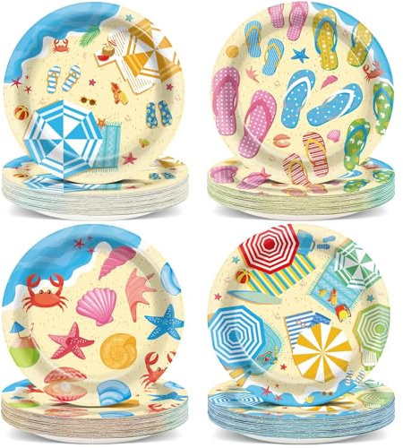OBUSATT 100Pcs Summer Beach Party Plates Hawaiian 9 Inch Dinner Dessert Paper Plates Disposable Umbrella Flip Flops Tableware Cake for Summer Pool Tropical Birthday Party Decorations Supplies Favor
